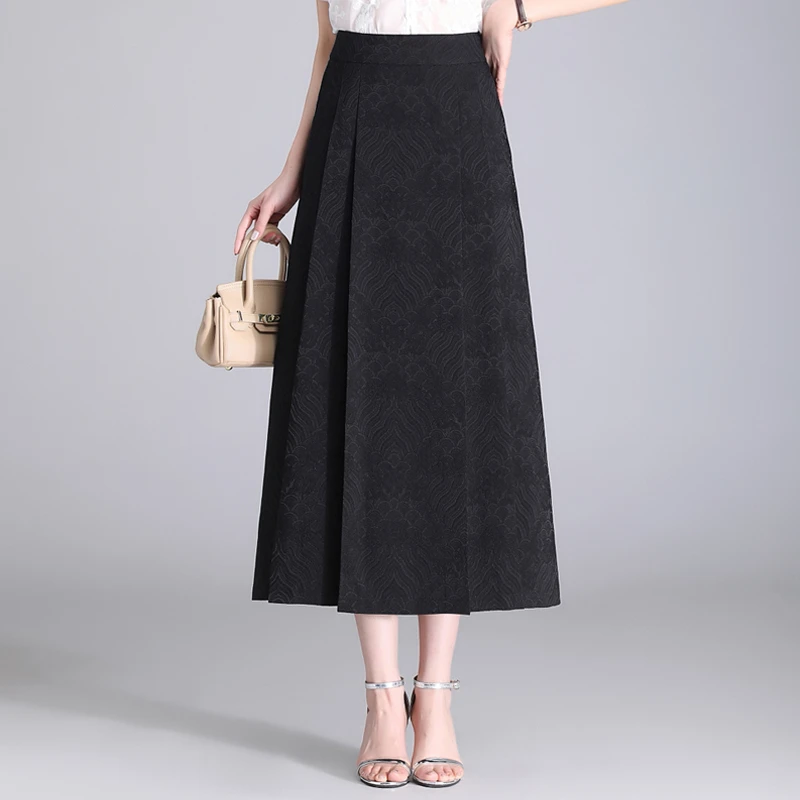 高腰A字裙显瘦半身裙女2025春秋轻国风提花百褶裙 黑色马面裙长裙