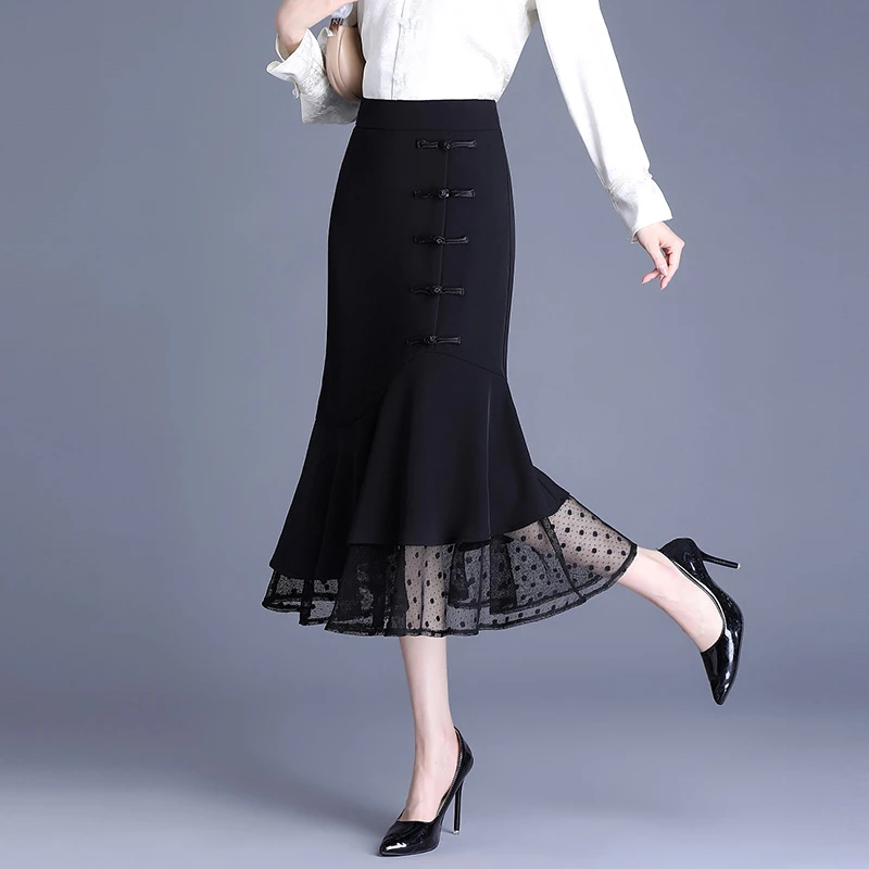 夏季薄款鱼尾半身裙女春秋中式盘扣包臀裙高腰中长款网纱边一步裙