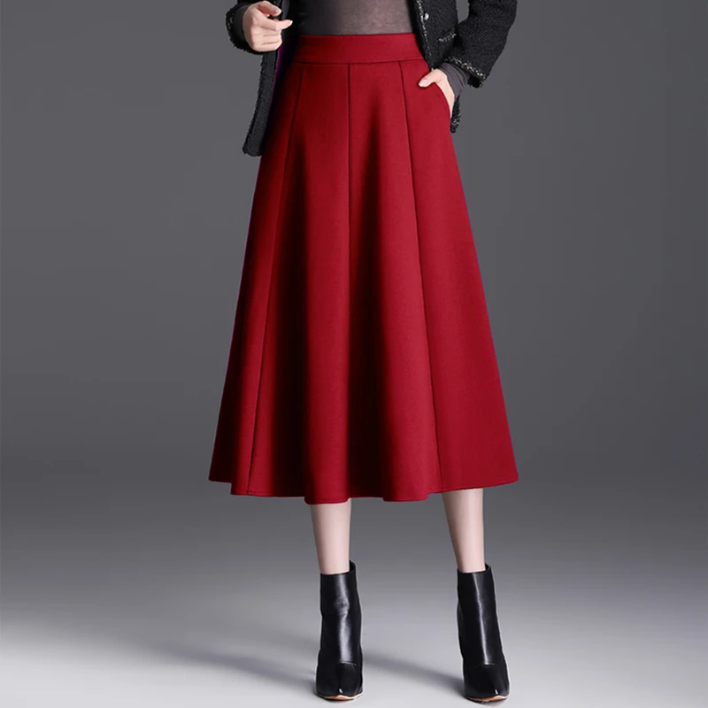 毛呢A字半身裙女秋冬中长款伞裙2025新款高腰显瘦百褶大摆裙长裙