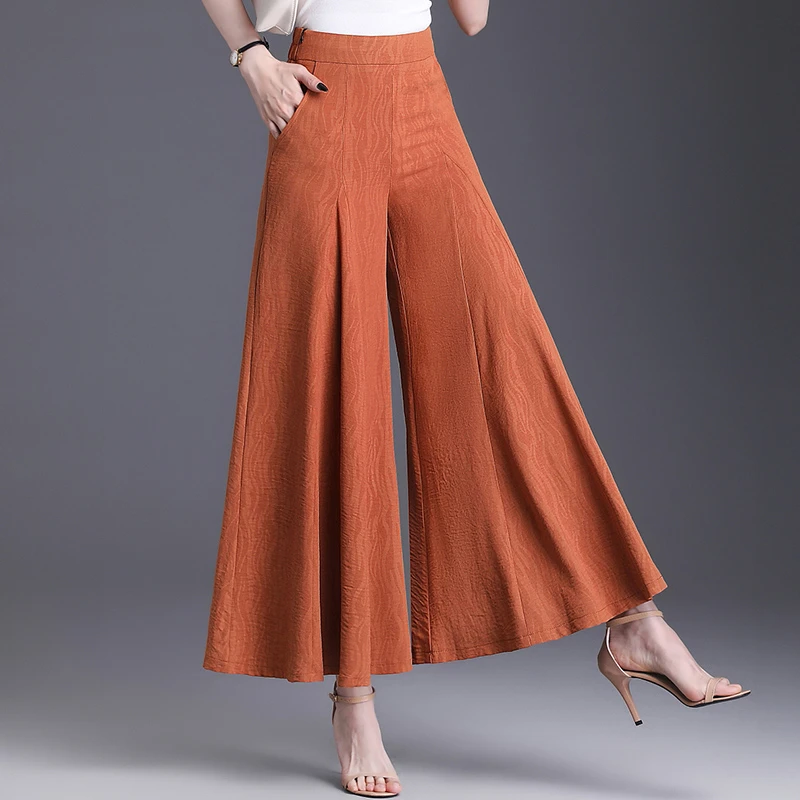 时尚阔腿裤裙女2025夏季薄款高腰坠感显瘦九分提花大脚喇叭长裙裤