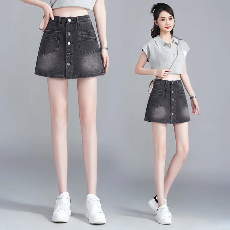 牛仔短裤裙女夏季新款高腰假两件防走光阔腿a字包臀半身短裙裤子