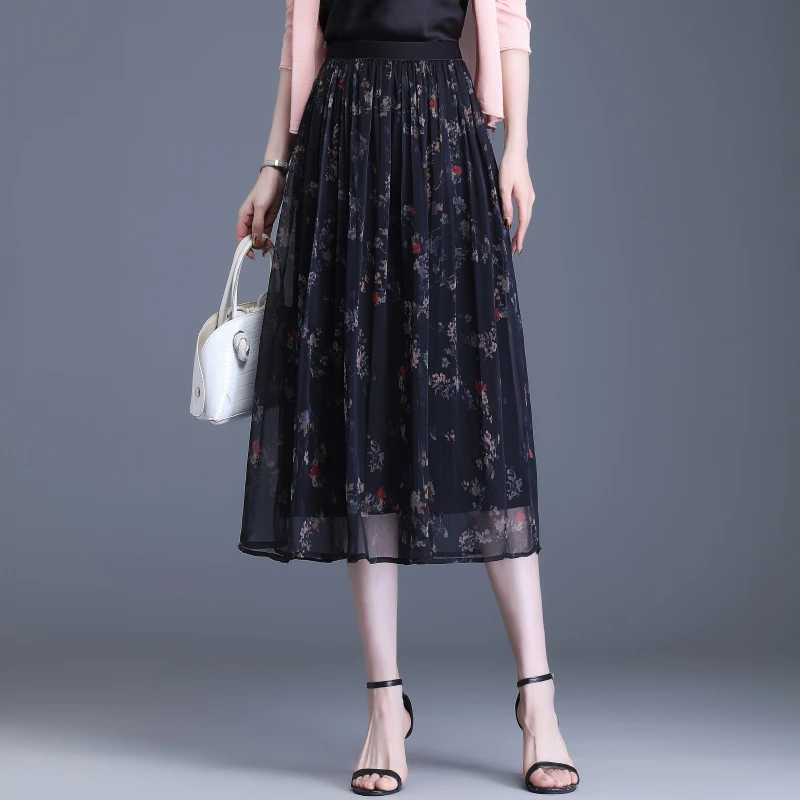 春秋印花网纱半身裙女夏季新款碎花a字大摆中长款百褶裙韩版纱裙