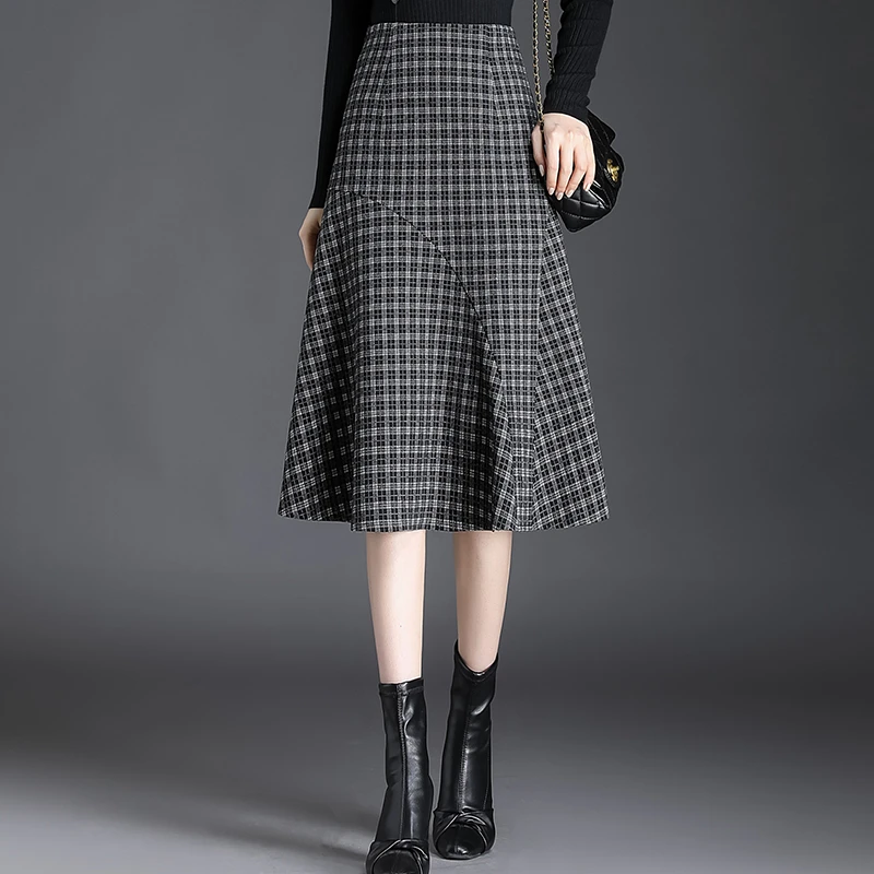 格子半身裙女高腰包臀鱼尾裙2023年秋冬季新款时尚显瘦A字中长裙