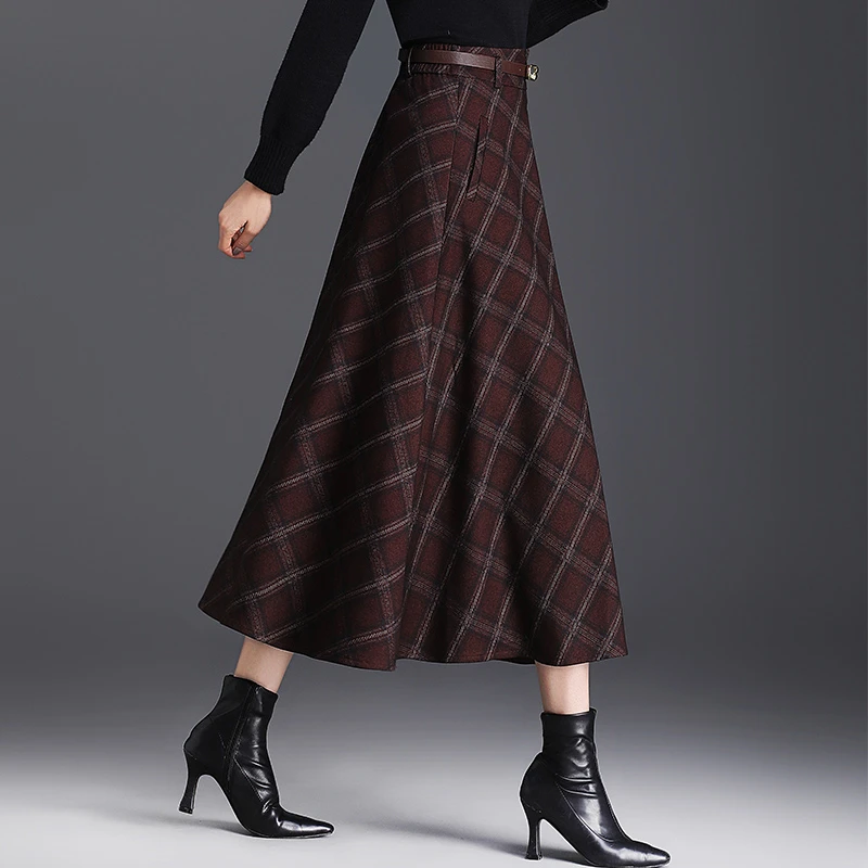 格子伞裙毛呢半身裙秋冬季新款高腰显瘦复古格纹a字裙长裙大摆裙