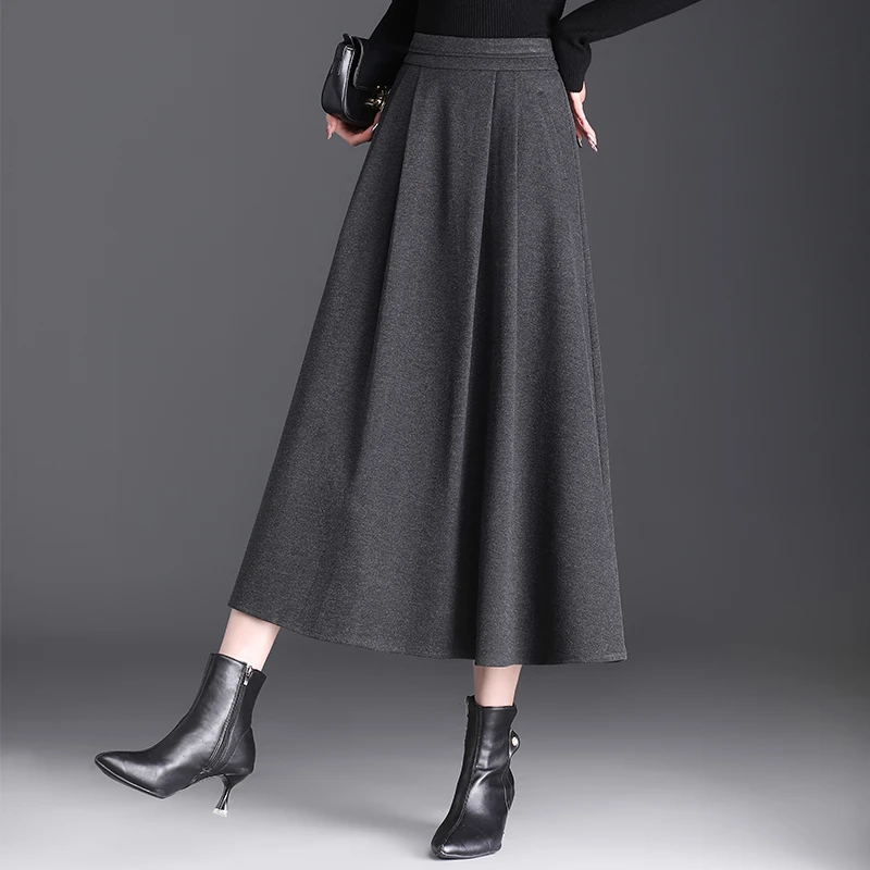 毛呢半身裙女2025年新款秋冬灰色高腰显瘦加厚百褶a字大摆裙长裙