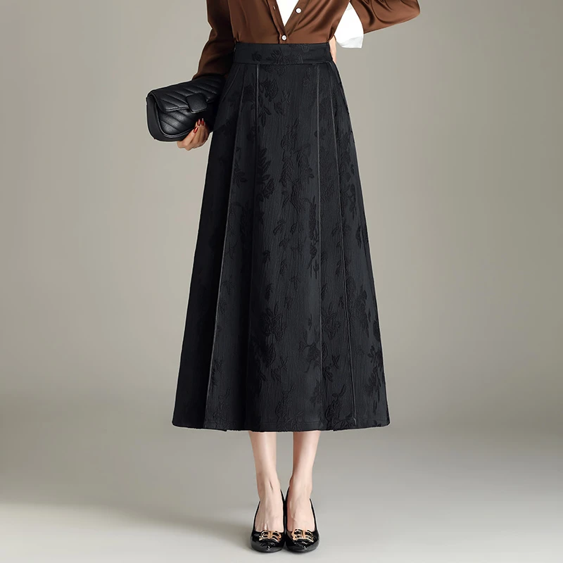 2025春秋高腰显瘦半身裙长裙百褶A字裙 提花大摆裙改良中式马面裙
