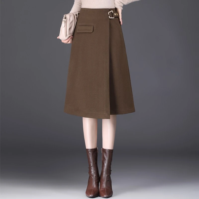 毛呢半裙秋冬咖色半身裙春秋中长款不规则半裙休闲女裙a字裙冬季
