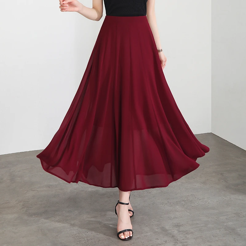 雪纺半身裙女夏季高腰长款a字大摆裙显瘦百褶薄款长裙子跳舞裙子