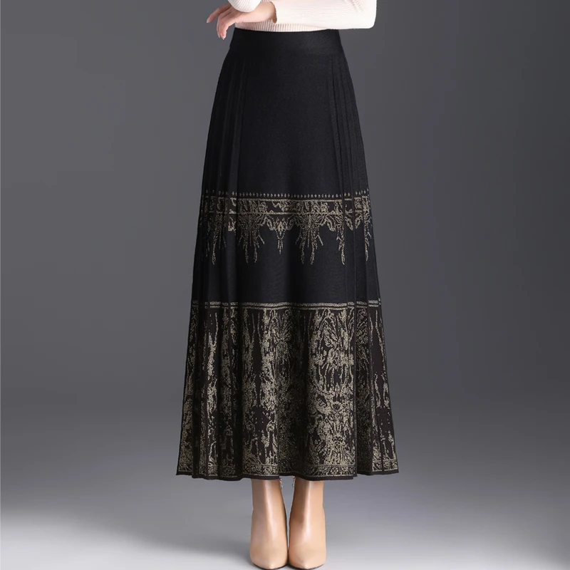 马面裙女秋冬加厚国风毛线裙高腰显瘦垂感百褶A字裙印花半身长裙