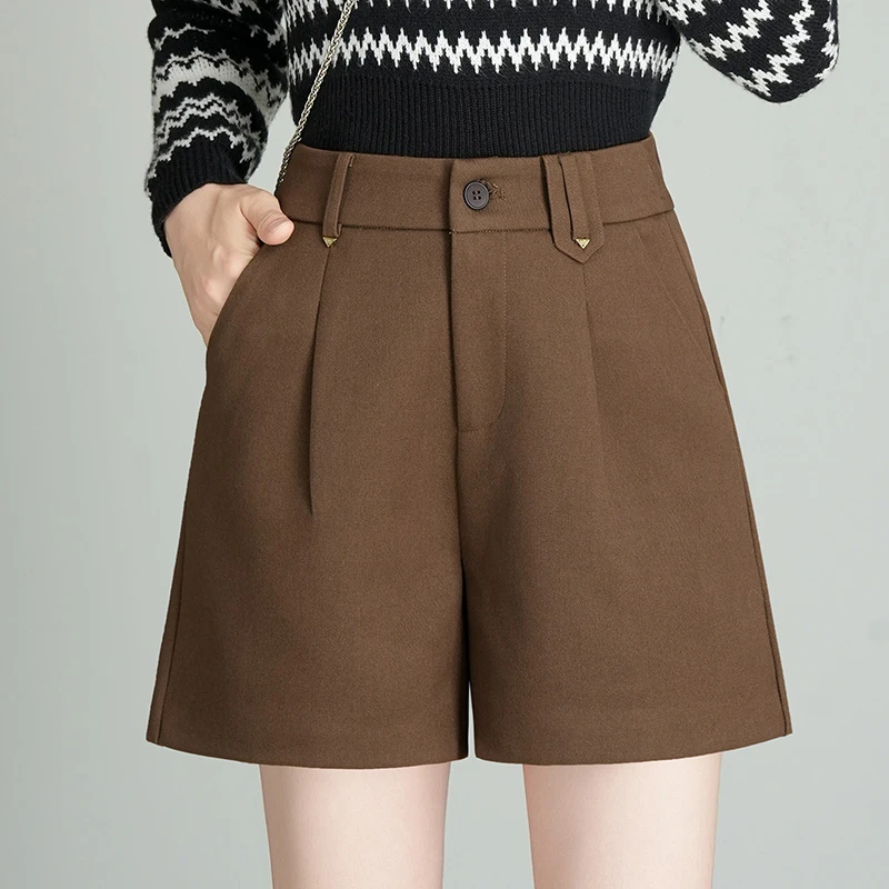 毛呢西装短裤女外穿秋冬加厚高腰显瘦百搭时尚a字阔腿裤冬季靴裤