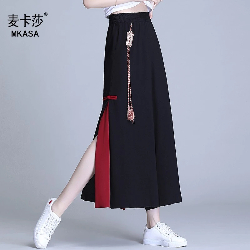 雪纺阔腿裤女2025夏新款宽松垂坠感裤裙中国风高腰直筒开叉九分薄