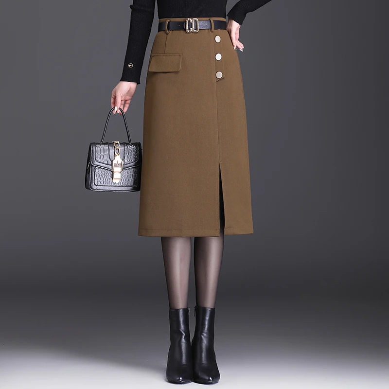 开叉一步裙半身裙女新款秋冬季驼色毛呢高腰显瘦百搭中长款包臀裙