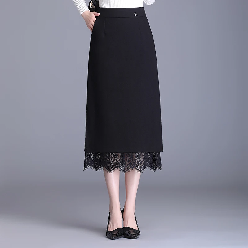 黑色包臀半身裙女秋冬季新款中长款高腰显瘦A字开叉蕾丝边一步裙