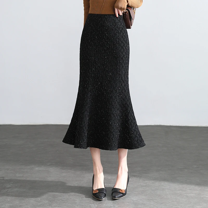 包臀裙半身裙女2025加厚秋冬季高腰修身中长款小香风亮丝鱼尾裙子