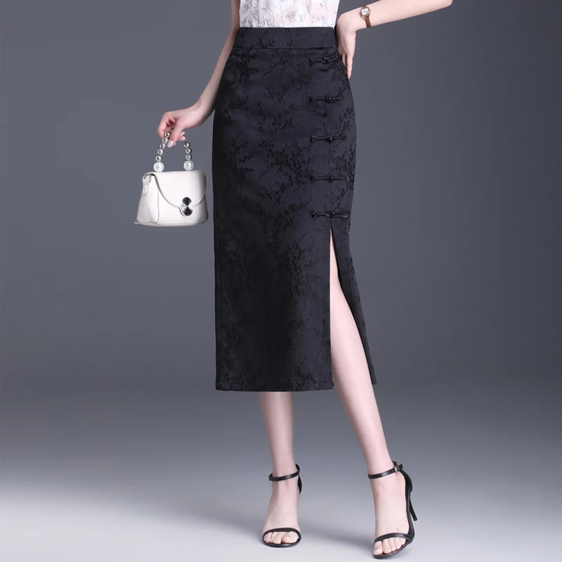 春秋高腰复古提花半身裙女中长款夏季新款显瘦中式开叉直筒包臀裙