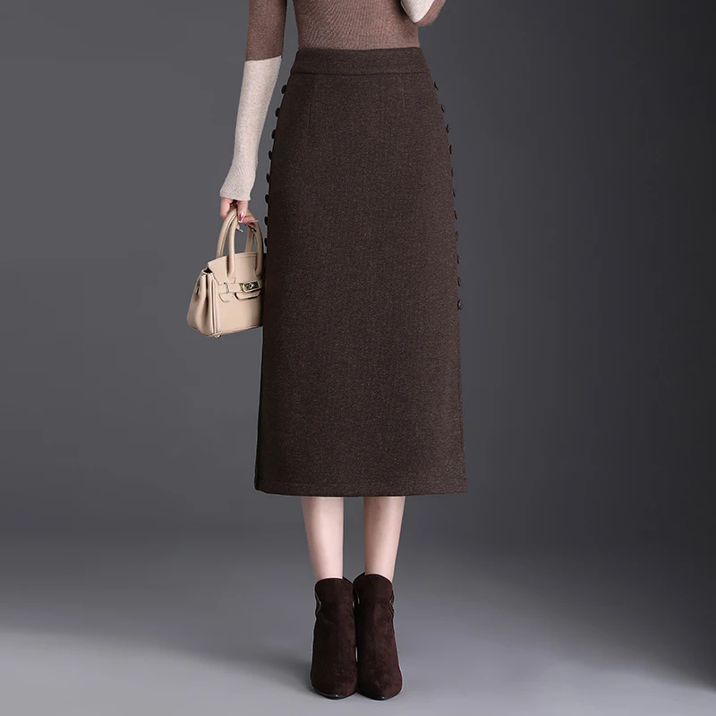 醋酸毛呢筒裙开叉半身裙女秋冬中长款高腰显瘦加厚毛呢一步包臀裙