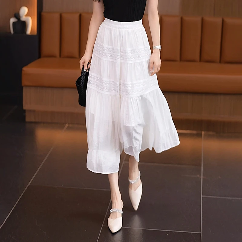 白色半身裙女夏季薄款2024新款松紧高腰拼接蕾丝显瘦a字大摆长裙