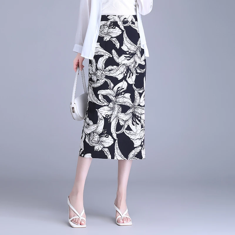 印花直筒半身裙女夏2025新款高腰显瘦中长款侧开叉一步裙包臀裙子