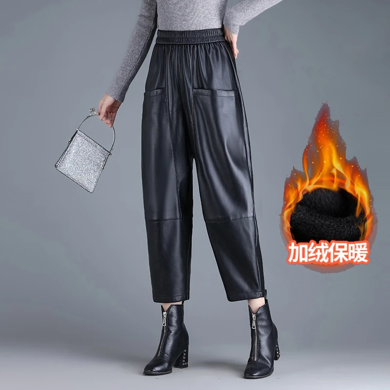 时尚皮裤pu皮哈伦裤女秋冬新款女装宽松显瘦松紧腰八分休闲裤靴裤