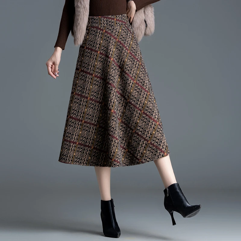 水貂绒格子半身裙女冬2025新款高腰显瘦垂感气质中长款大摆A字裙