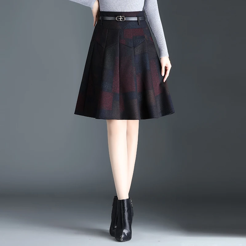 印花毛呢高腰伞裙女秋冬新款小个子百褶裙A字短裙韩版格子半身裙