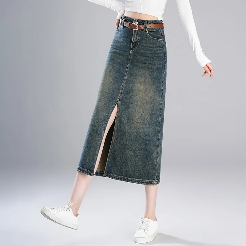 前开叉牛仔半身裙女中长款2024秋季新款高腰显瘦时尚直筒裙包臀裙