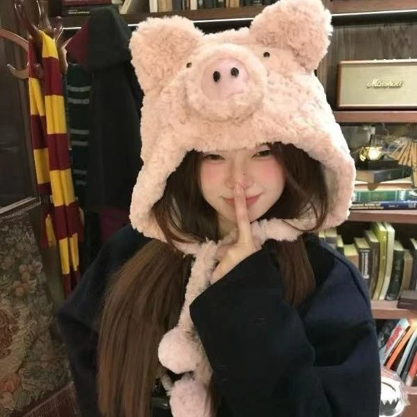 2024新毛茸茸卡通可爱小猪帽子秋冬季保暖防寒加绒包头帽加厚款GG
