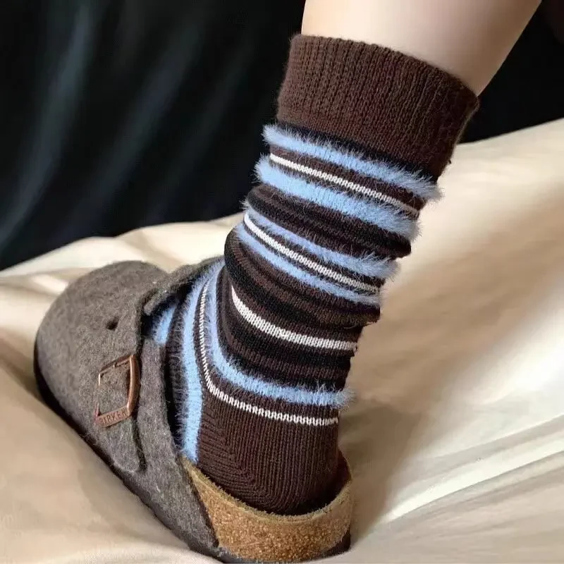 秋日摩卡~蓝棕条纹!美拉德秋冬~亮色系条纹毛绒拼接撞色kkk
