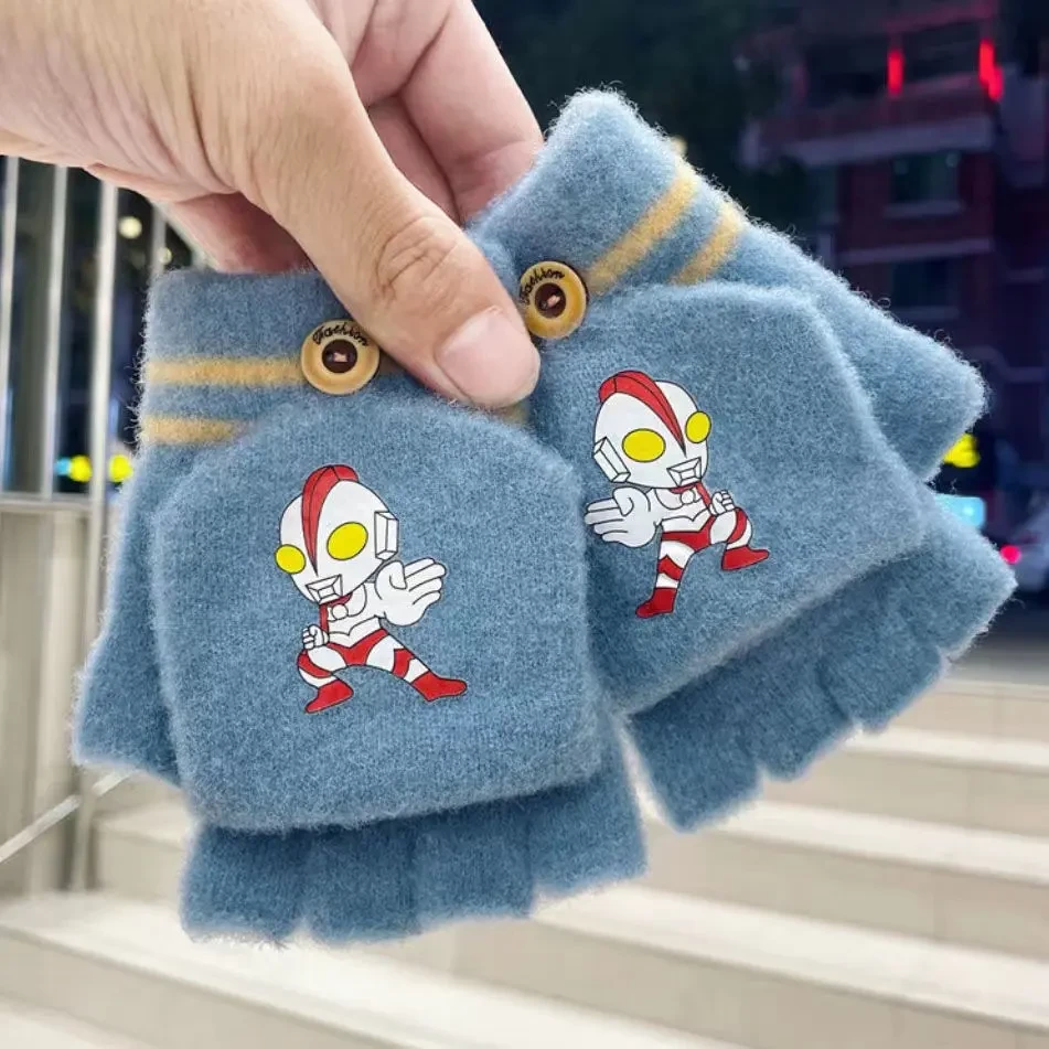 儿童手套冬季男童卡通保暖奥特曼半指翻盖宝宝幼儿园加厚小孩子Y