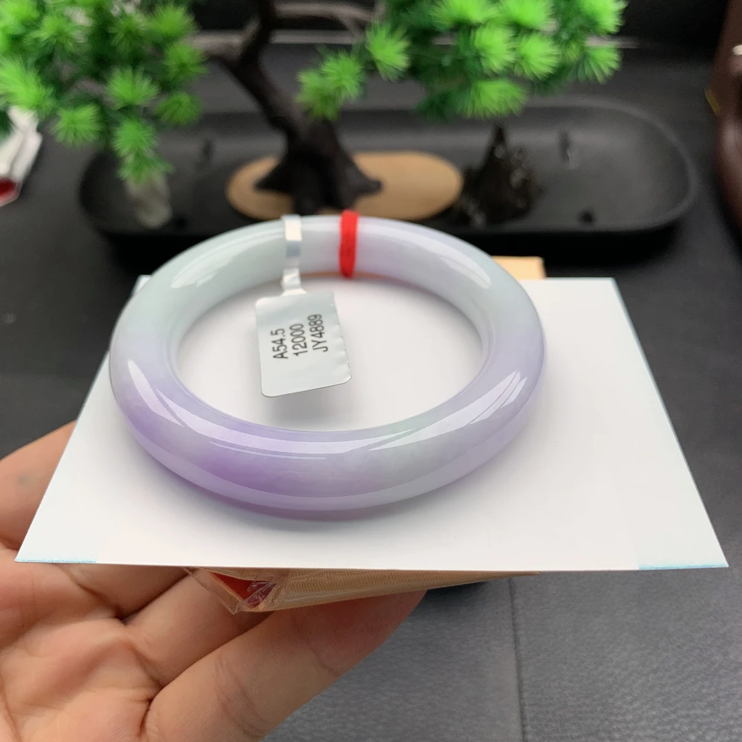 【玖玉珠宝】天然缅甸翡翠A货54.8mm水润情新飘紫胖圆条翡翠手镯