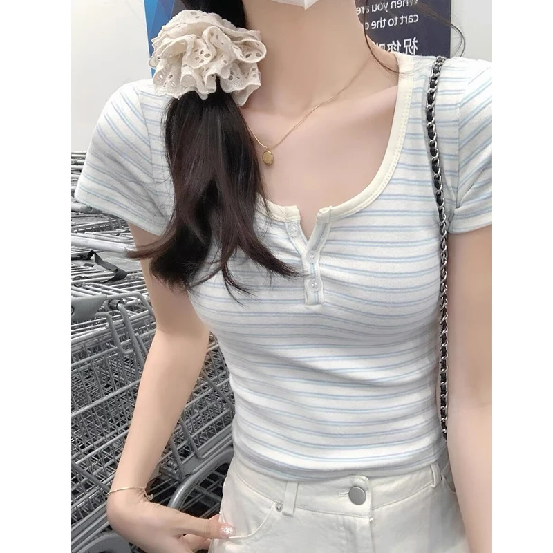 正肩蓝白条纹短袖T恤女2025年春夏新款半开领修身显瘦内搭短上衣