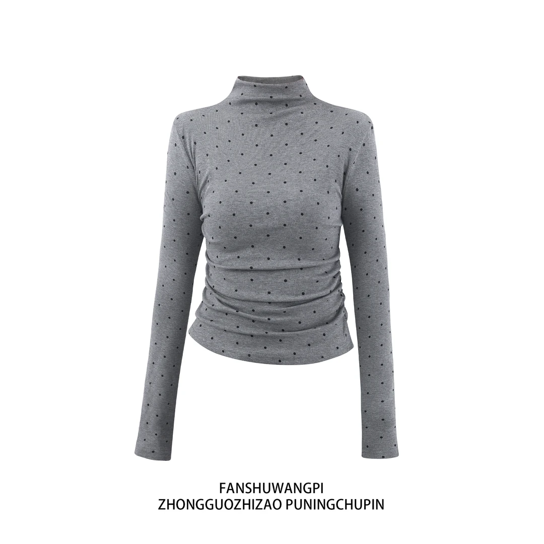 半高领修身显瘦波点打底衫女早秋冬薄款内搭正肩上衣掐腰长袖t恤