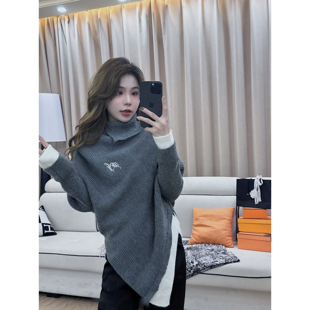 CJJ【伦敦报刊】高定女秋冬高领不规则宽松斗篷毛衣外套韩系保暖衣