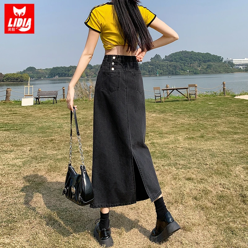 高腰牛仔半身裙女春夏2024新款排扣a字中长款开叉显瘦包臀小个子