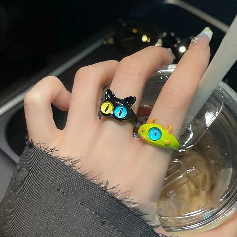 合金戒指 甜酷卡通搞怪黑猫小怪兽大眼仔可爱闺蜜ins情侣戒指指环