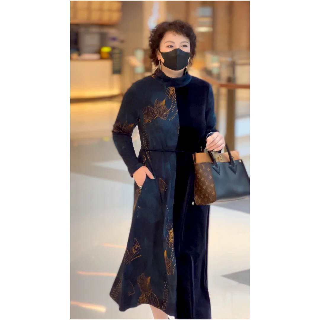 Juerun/觉闰【折扇裙】拼接连衣裙宽松提花复古新中式秋冬 3DH093