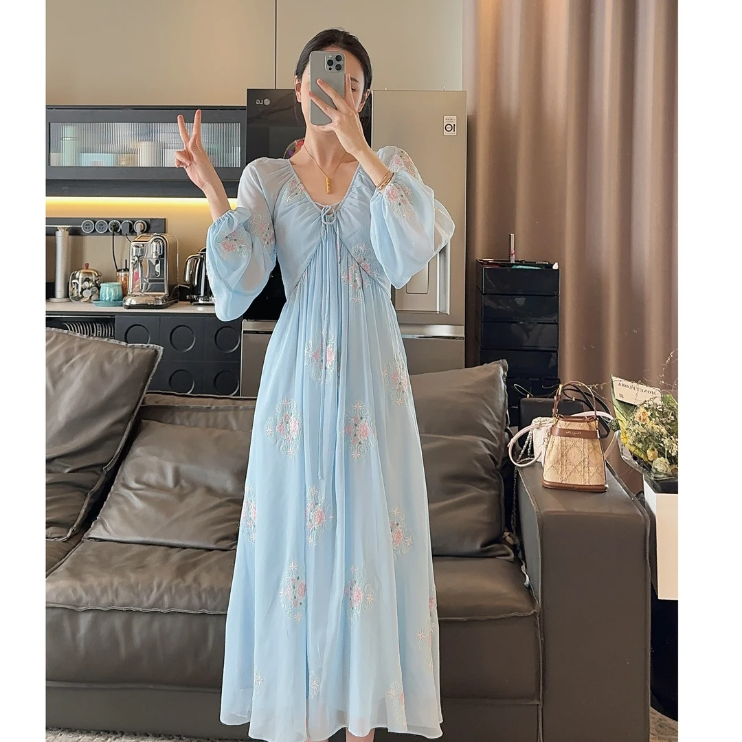 Zwinnie/詹维尼【蓝色 刺绣芍药】仙气少女甜美飘逸连衣裙GYS202422