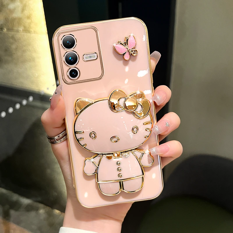 适用vivos12/s12pro手机壳蝴蝶可爱猫咪补妆镜支架防摔保护套女款