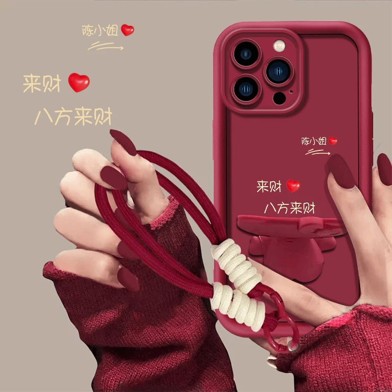 适用苹果12promax百家姓定制手机壳八方来财卡通猫咪支架防摔女款