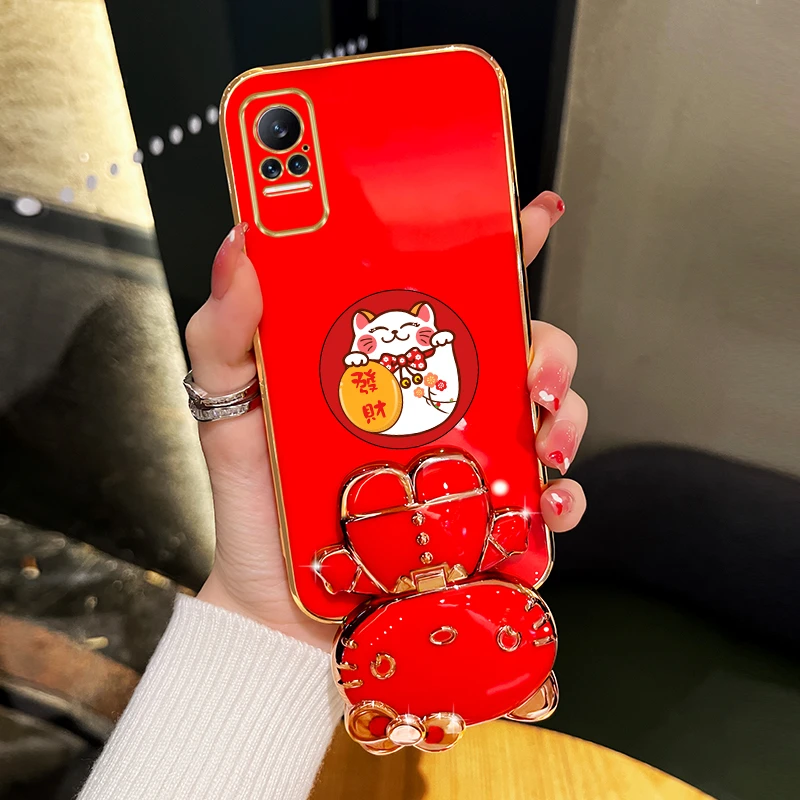 适用小米civi/1s新年手机壳发财可爱猫咪补妆镜支架防摔保护套
