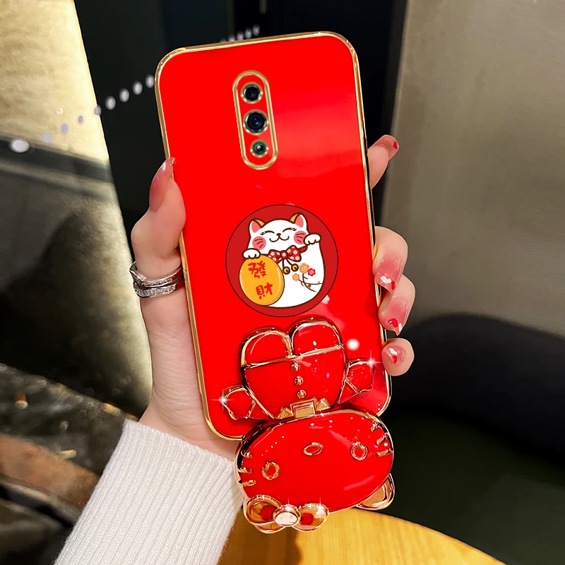 适用oppoR17新年手机壳发财可爱猫咪补妆镜支架防摔保护套女款