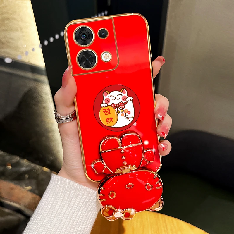 适用oppoReno9/9pro新年手机壳发财可爱猫咪补妆镜支架防摔保护套