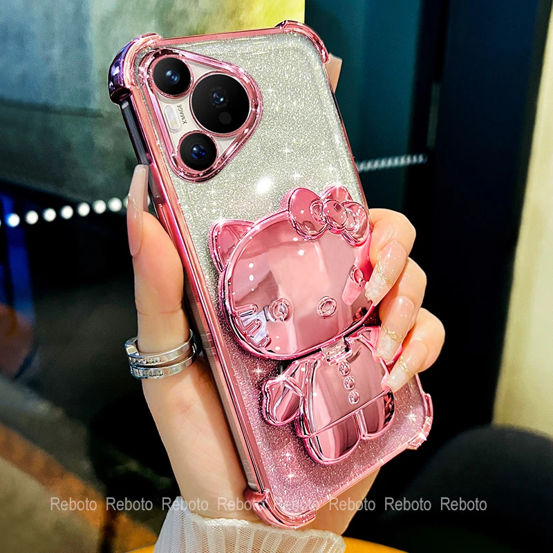 适用华为pura70高级感透明全包四角防摔猫咪补妆镜支架电镀手机壳