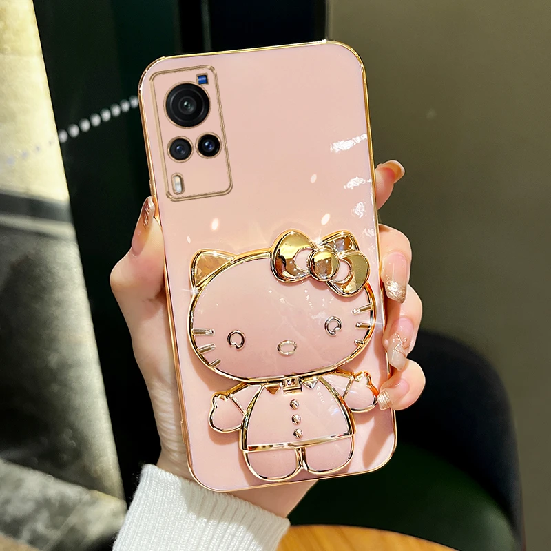 适用vivox60手机壳x60pro新款猫咪补妆镜支架保护套防摔网红女款