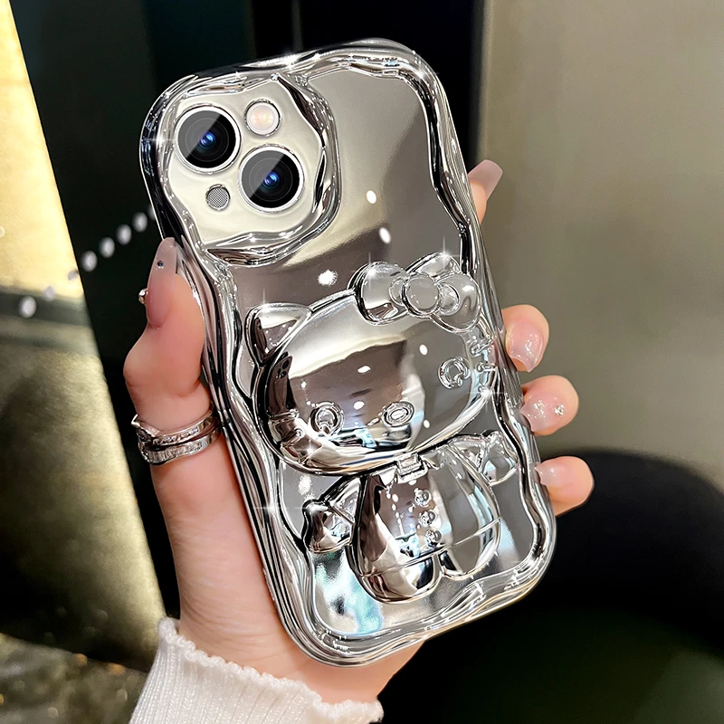 适用苹果/华为/vivo/oppo手机壳可爱猫咪补妆镜支架保护套防摔