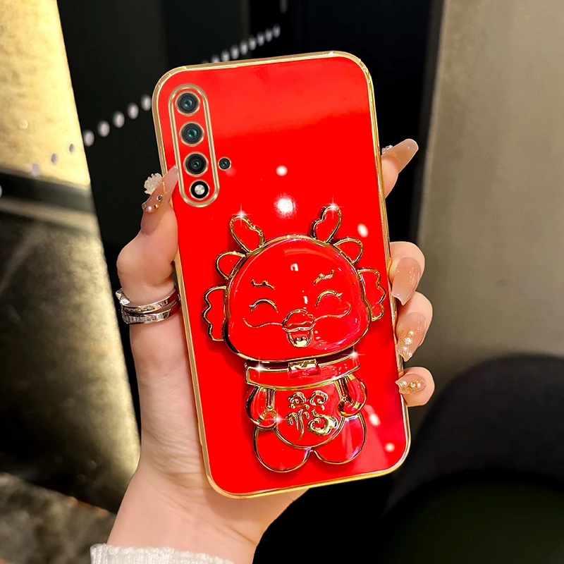适用华为nova5/5pro新年手机壳小福龙补妆镜支架保护套中国风女款
