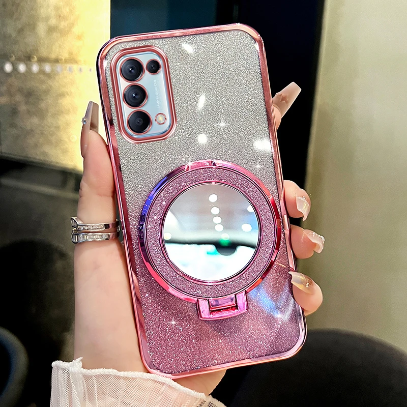 适用oppoReno5pro手机壳新款闪粉补妆镜支架防摔透明全包网红女款