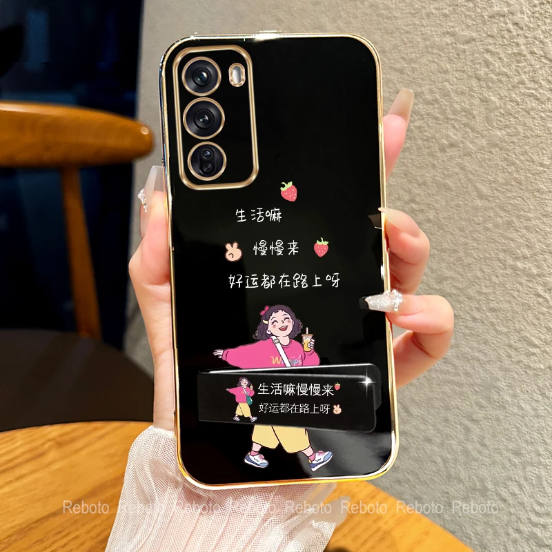 适用oppoReno12/pro手机壳简约电镀好运在路上女孩支架防摔保护套