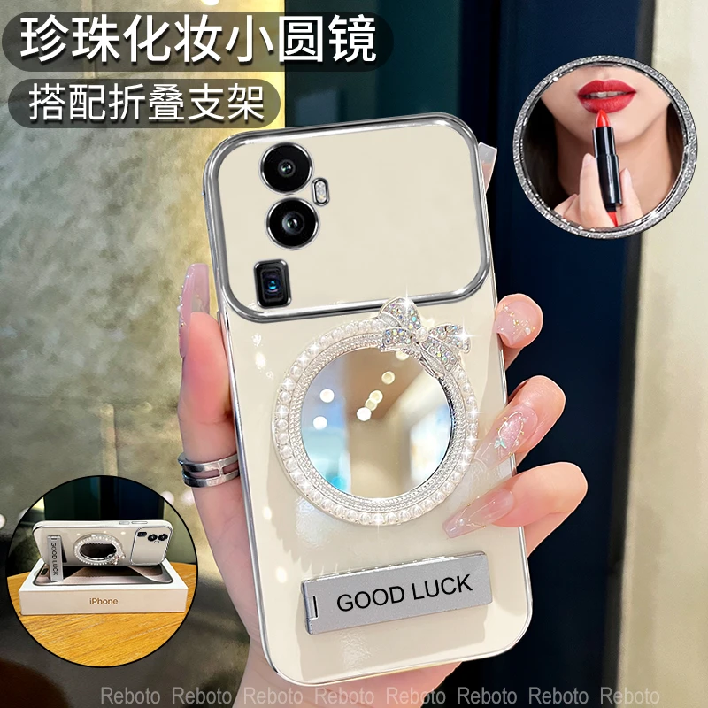 适用oppoReno10/pro珍珠蝴蝶结补妆镜大视窗手机壳创意防摔女款