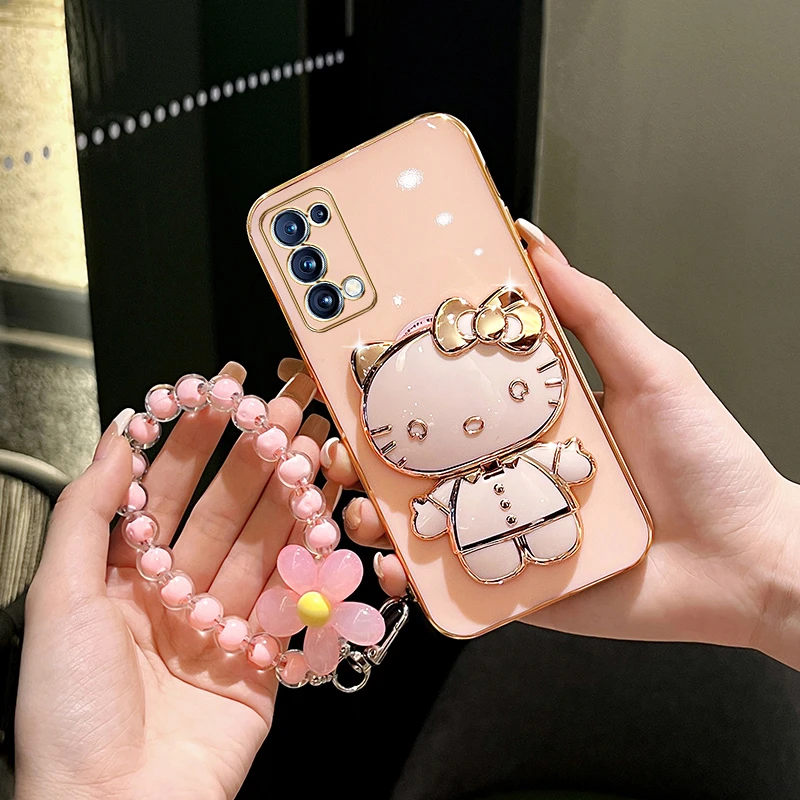 适用oppoReno4/Reno4pro手机壳猫咪补妆镜支架保护套硅胶防摔女款